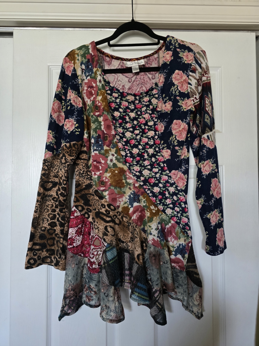 Sacred Threads Navy Pink Brown Mixed-Print Long Sleeve Patchwork Dress